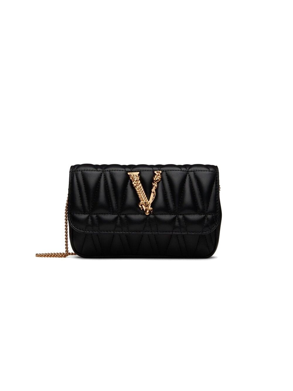 NWT Versace Virtus Mini Black Quilted Leather Crossbody Bag with Gold Chain